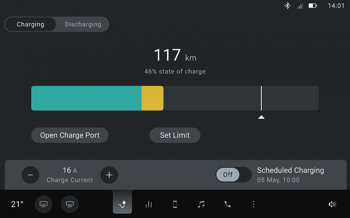 A screenshot from the center display of the Sion, showing the charging screen.